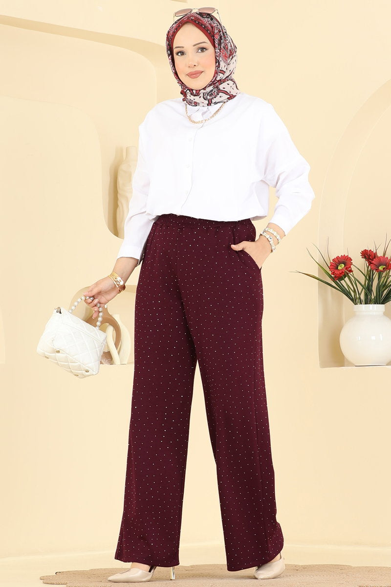 Stone-Detail Modal Trousers - Burgundy