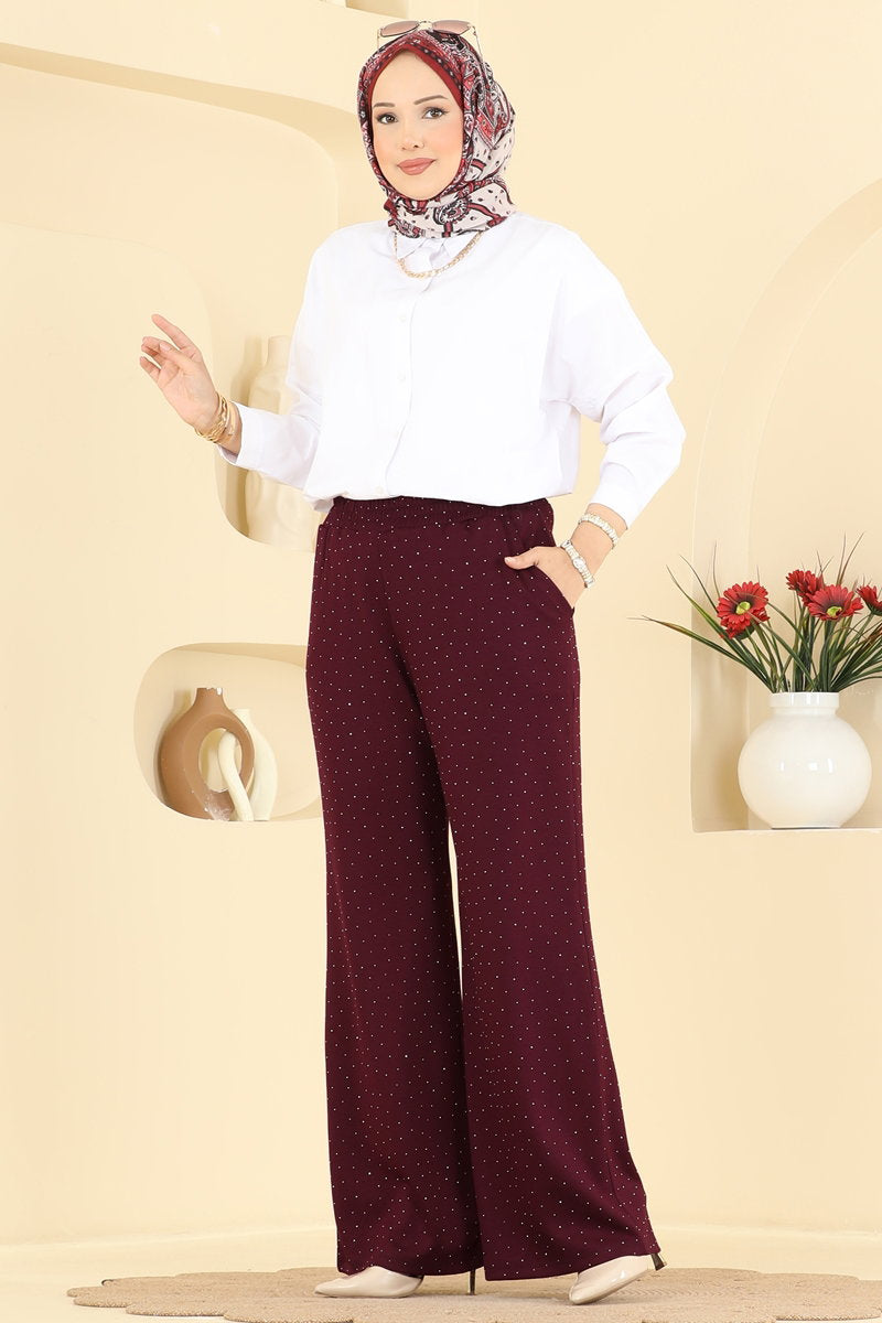 Stone-Detail Modal Trousers - Burgundy