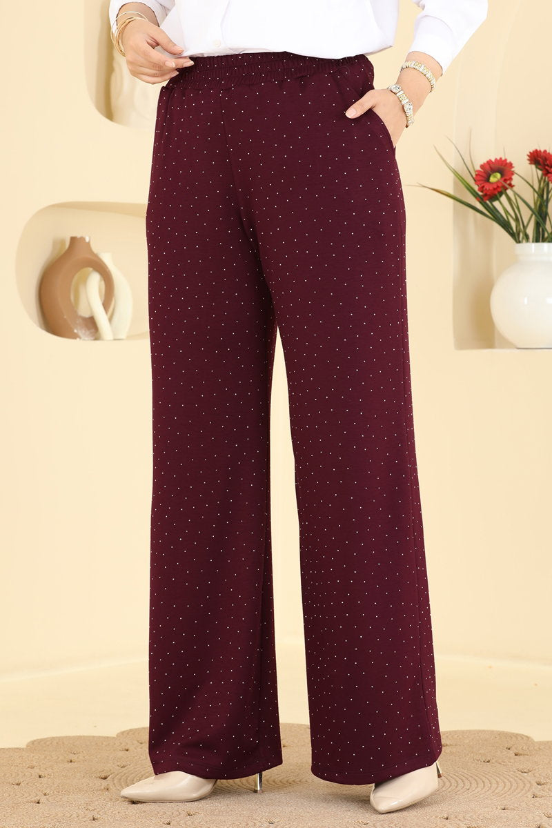 Stone-Detail Modal Trousers - Burgundy