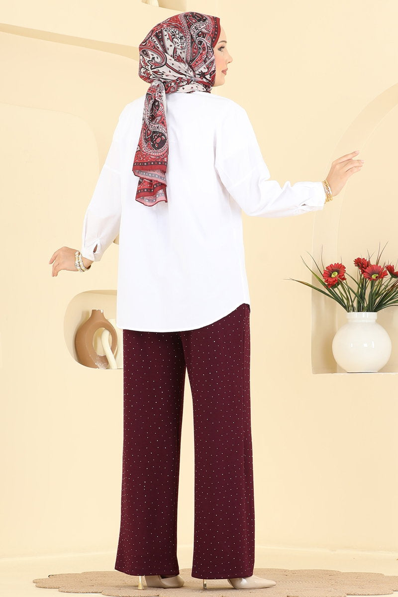 Stone-Detail Modal Trousers - Burgundy