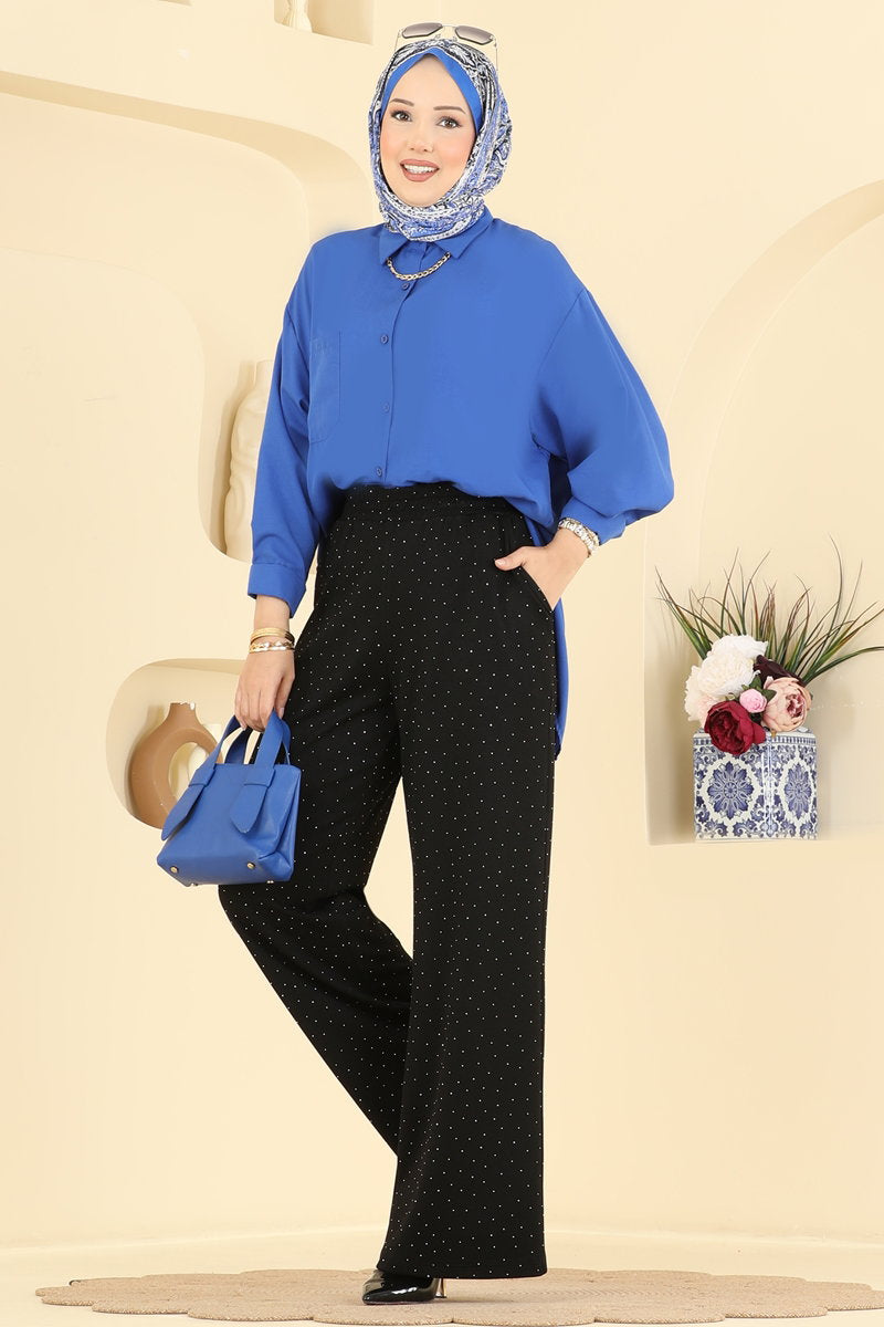 Stone-Detail Modal Trousers - Black