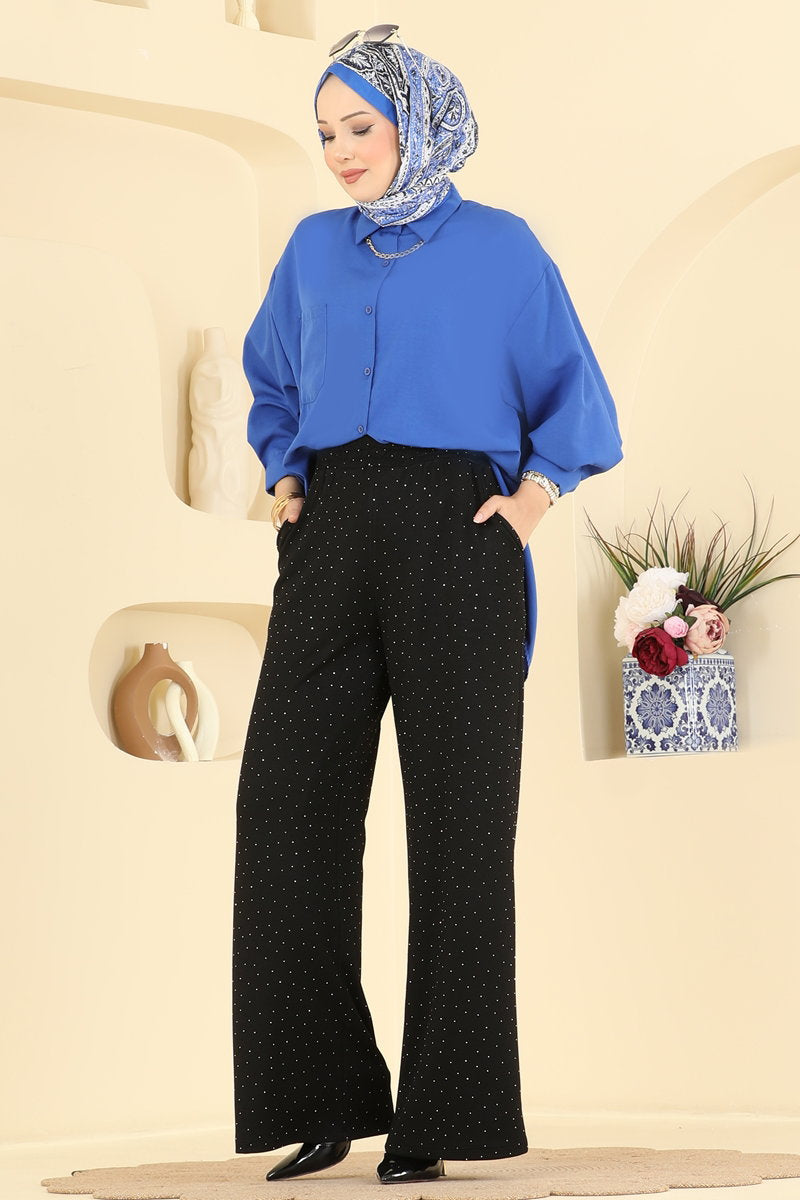 Stone-Detail Modal Trousers - Black