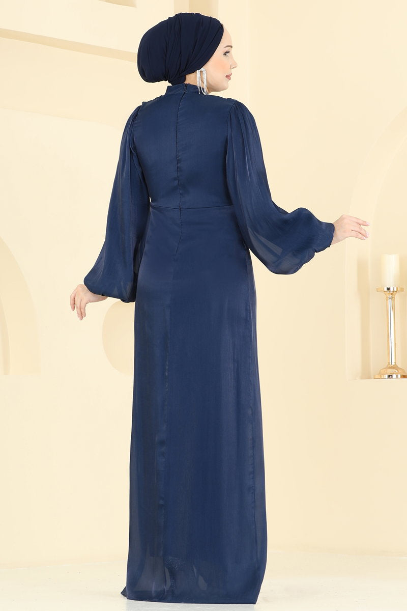 Stone-Detail Organza Evening Dress - Navy