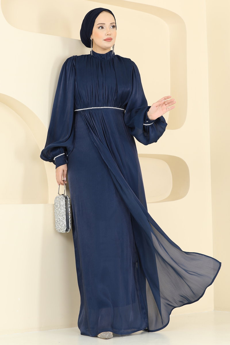 Stone-Detail Organza Evening Dress - Navy