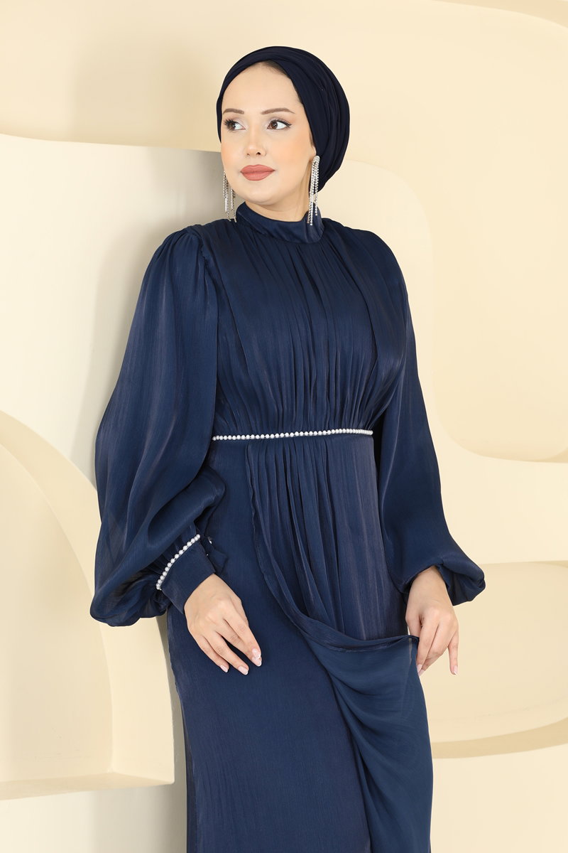 Stone-Detail Organza Evening Dress - Navy