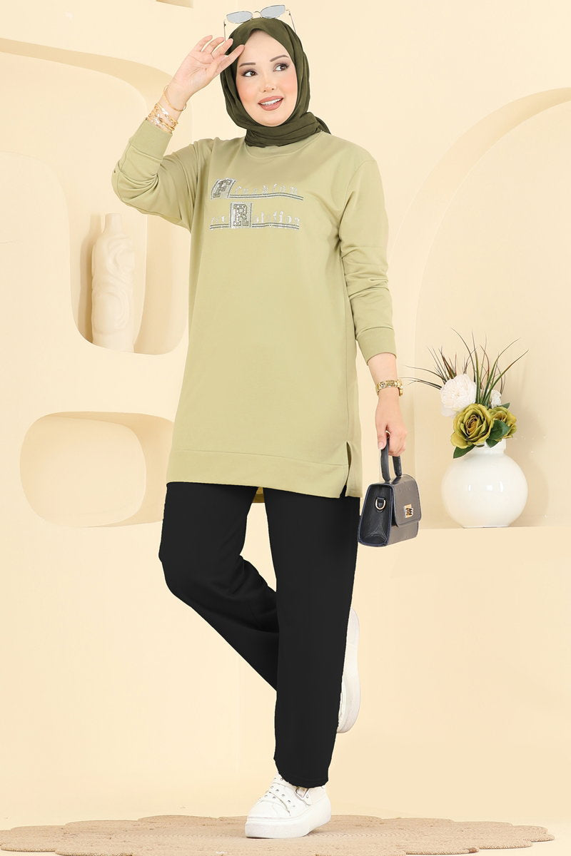 Relaxed Two-Piece Set with Stones - Almond Green-Black