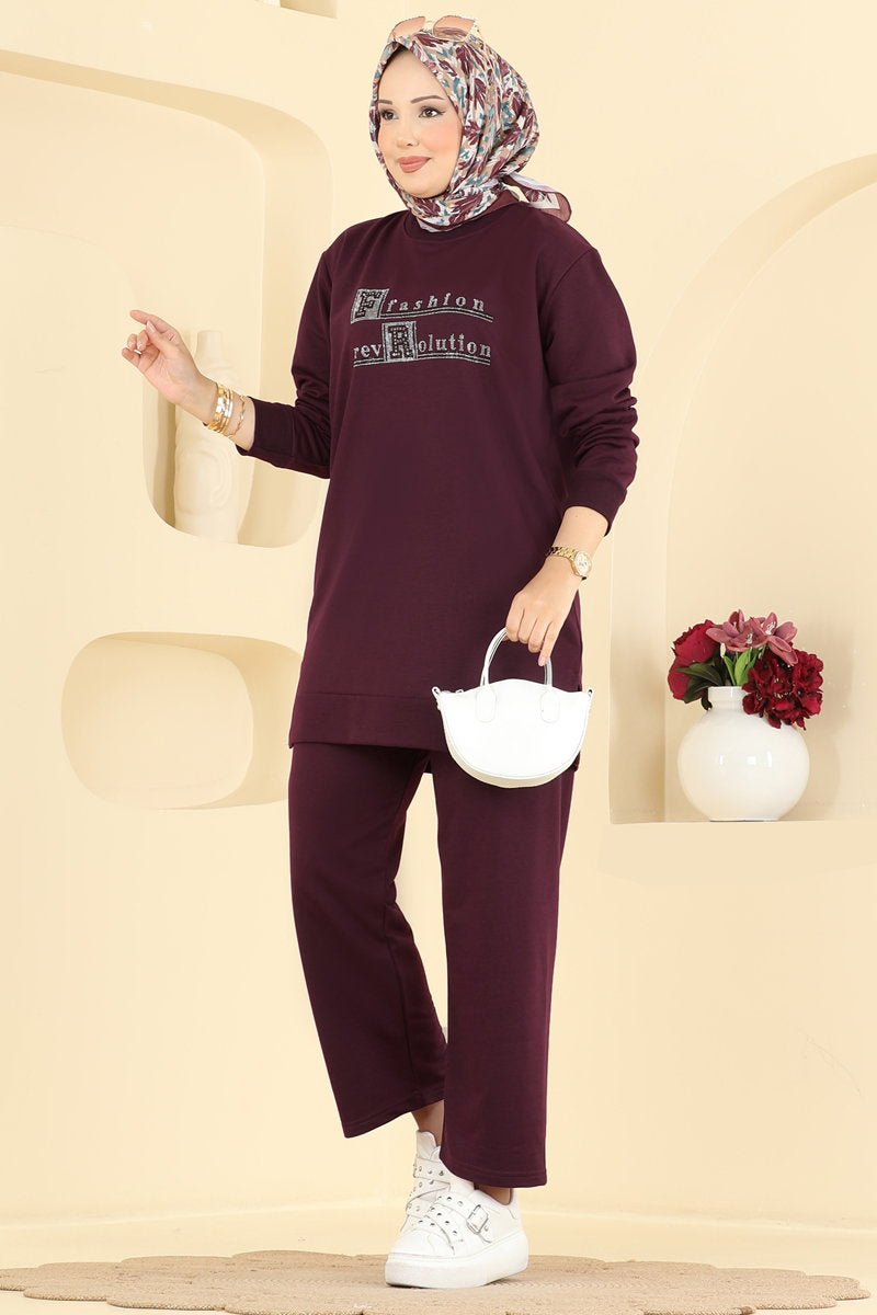 Relaxed Two-Piece Set with Stones - Plum