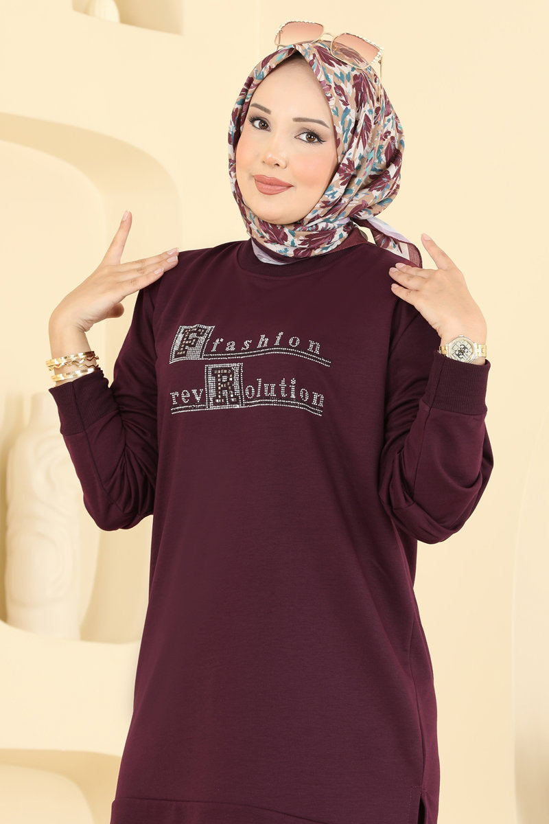 Relaxed Two-Piece Set with Stones - Plum