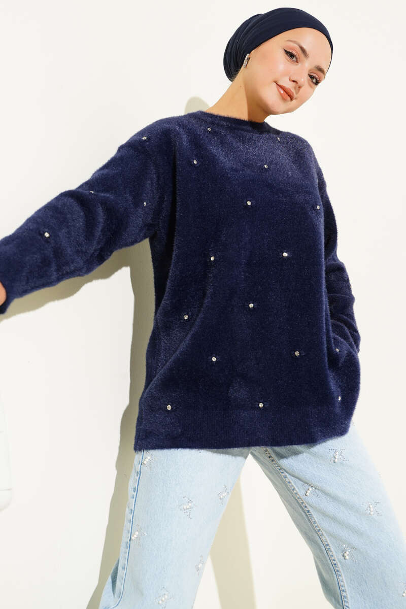 Fluffy Sweater with Stone Detail and Crew Neck - Navy