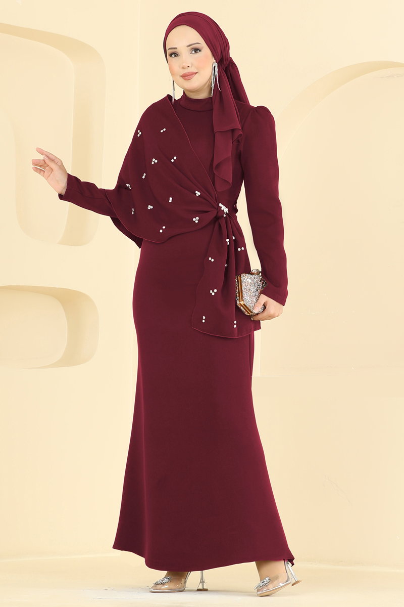 Stone-Detail Evening Dress with Shawl - Burgundy