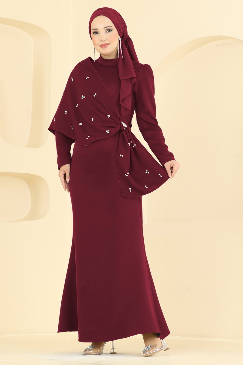 Stone-Detail Evening Dress with Shawl - Burgundy