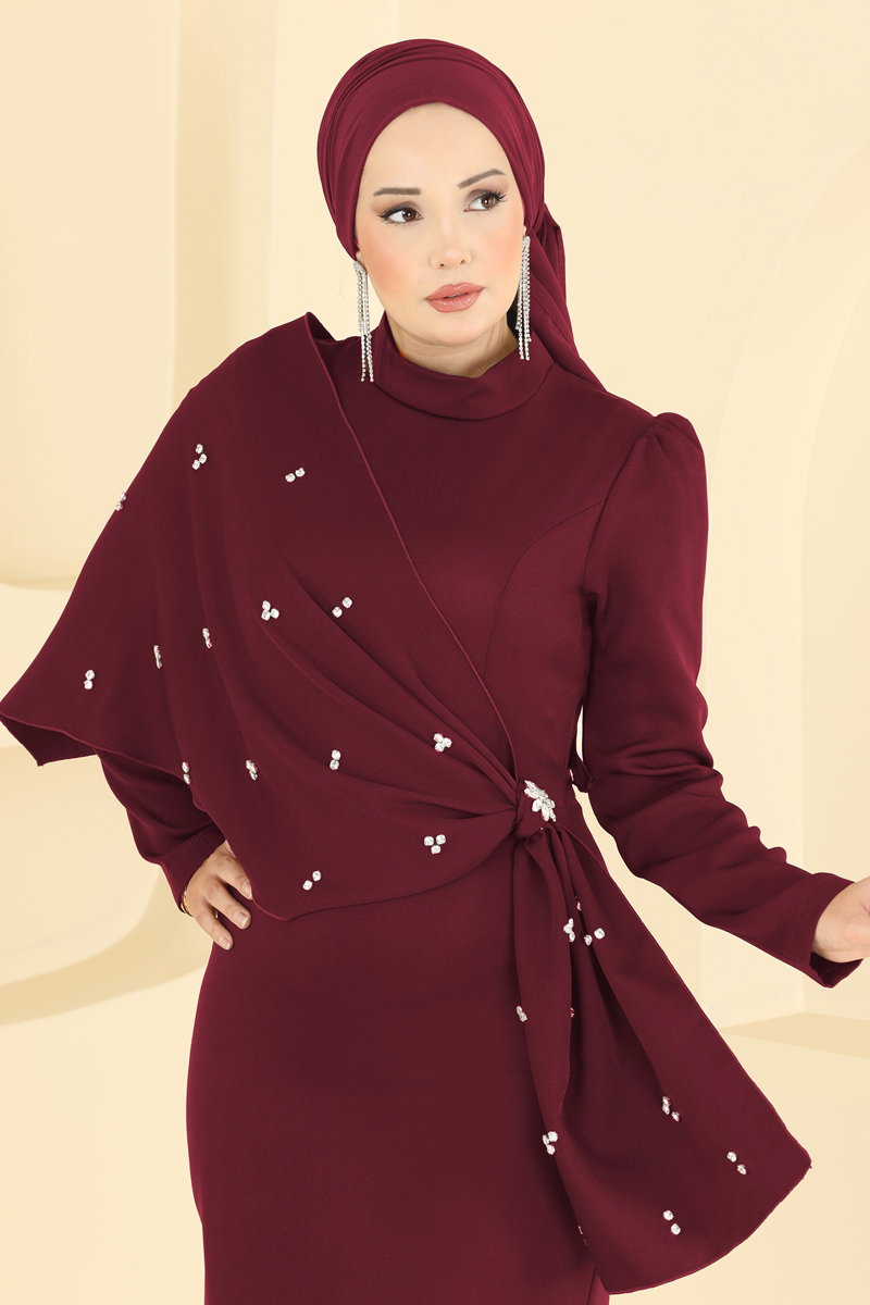 Stone-Detail Evening Dress with Shawl - Burgundy