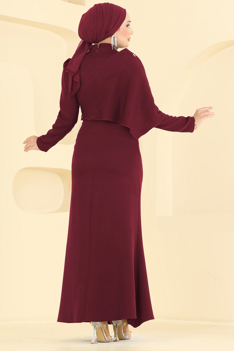 Stone-Detail Evening Dress with Shawl - Burgundy