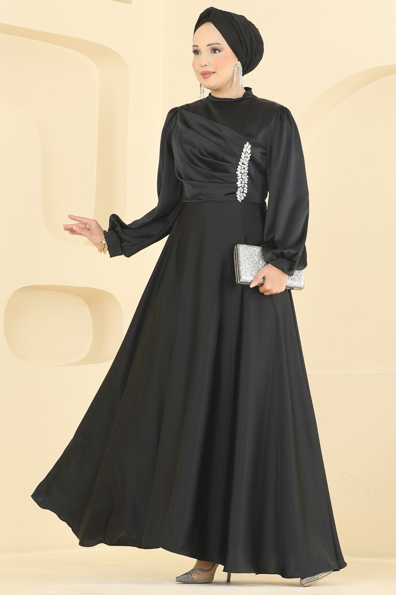Stone-Detail Satin Evening Dress - Black