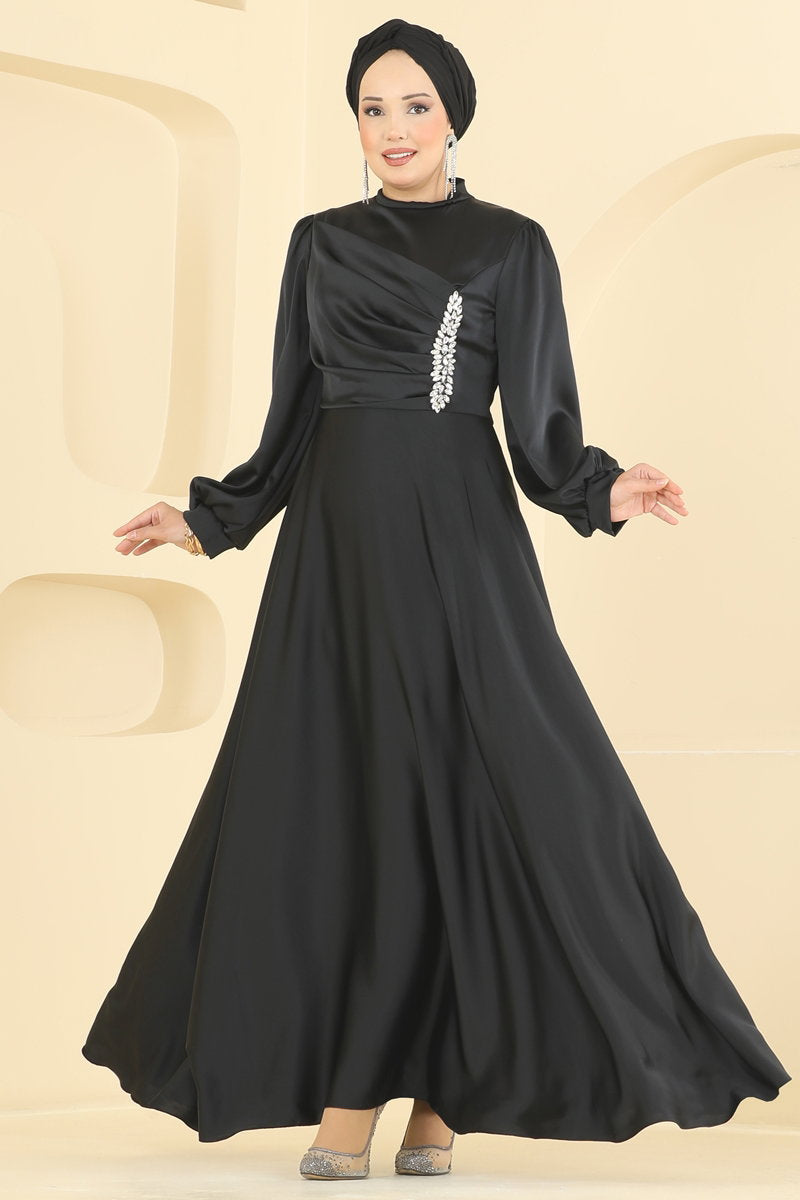 Stone-Detail Satin Evening Dress - Black