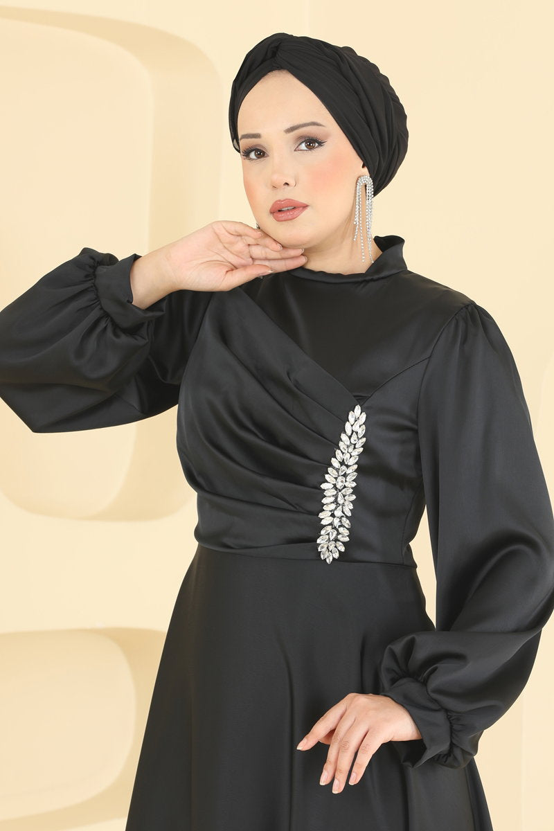 Stone-Detail Satin Evening Dress - Black