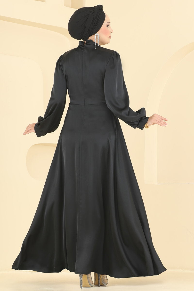 Stone-Detail Satin Evening Dress - Black