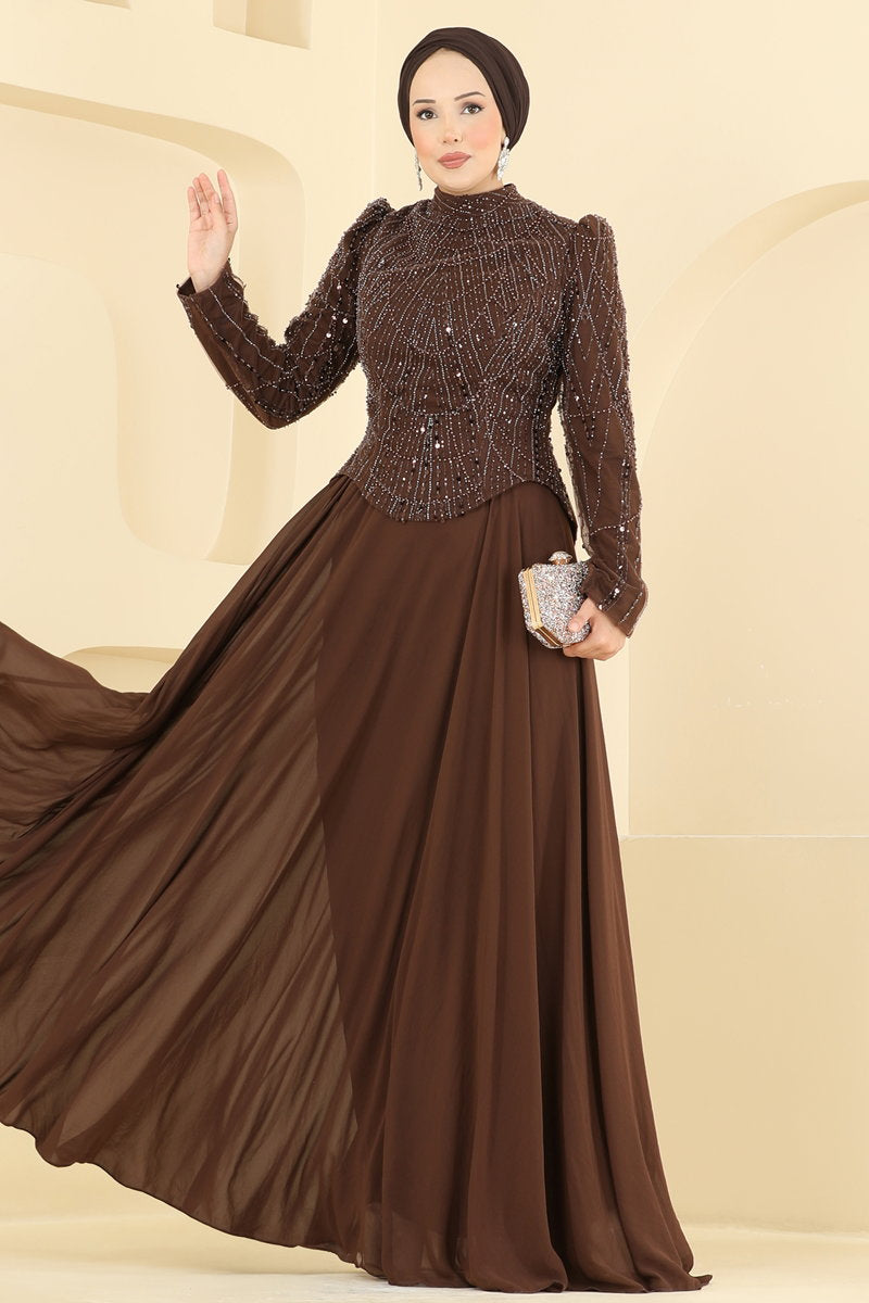 Embellished Chiffon Evening Dress - Brown