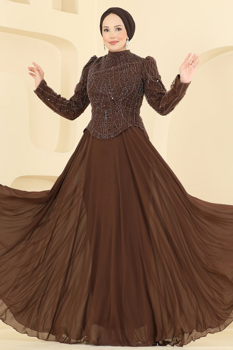 Embellished Chiffon Evening Dress - Brown