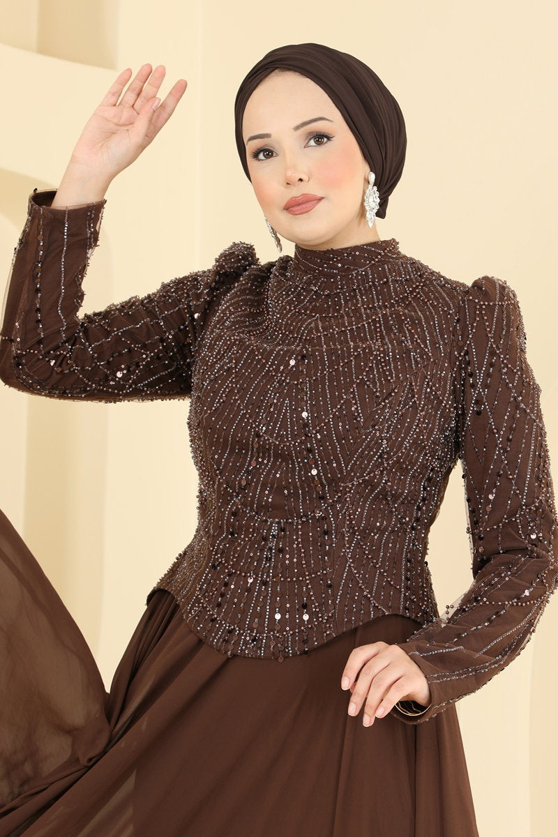 Embellished Chiffon Evening Dress - Brown