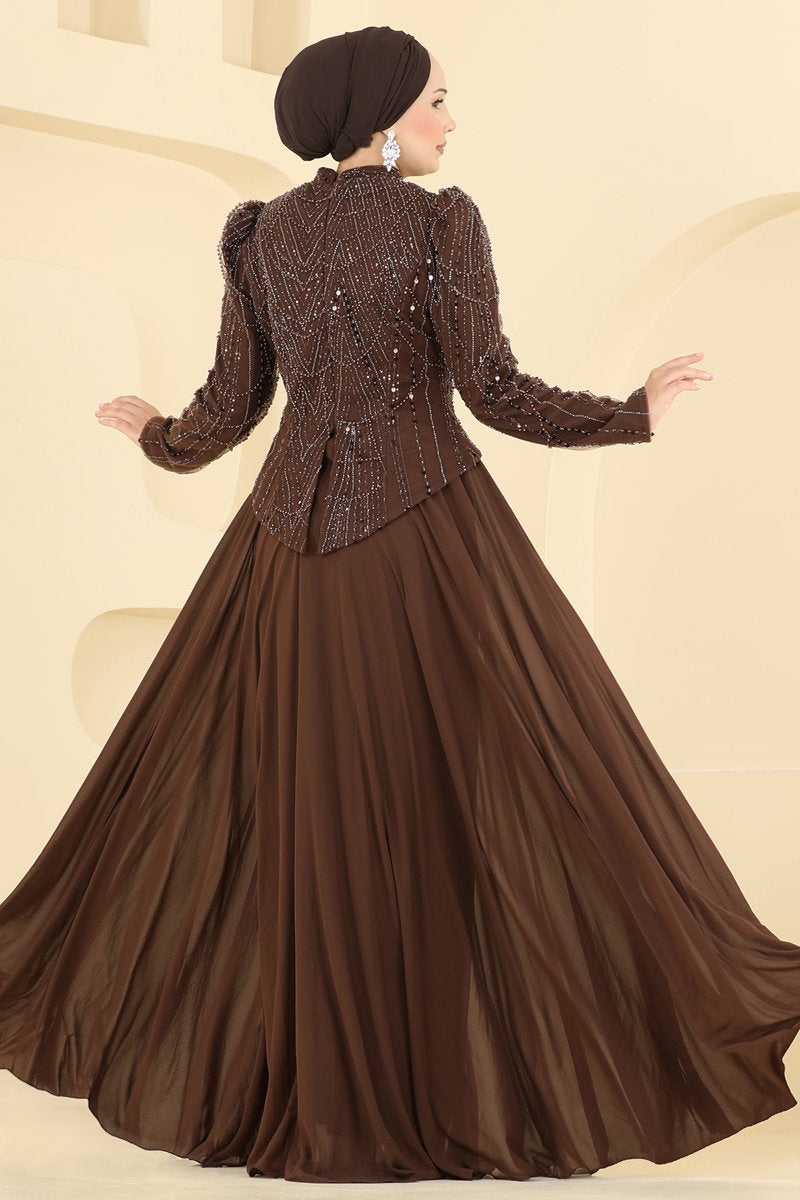 Embellished Chiffon Evening Dress - Brown