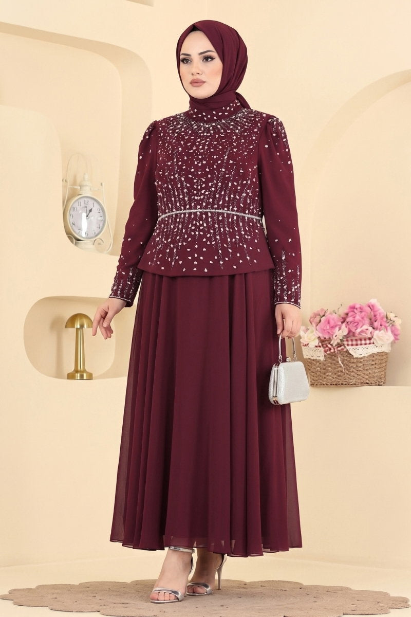 Stone-Detail Chiffon Evening Dress with Crepe - Burgundy