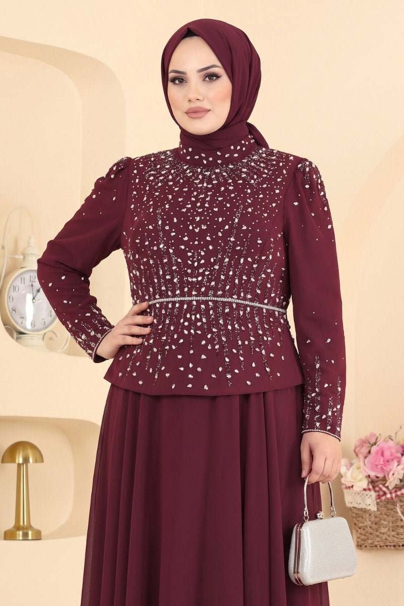 Stone-Detail Chiffon Evening Dress with Crepe - Burgundy