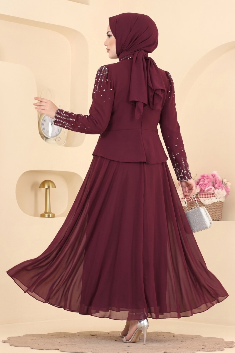 Stone-Detail Chiffon Evening Dress with Crepe - Burgundy
