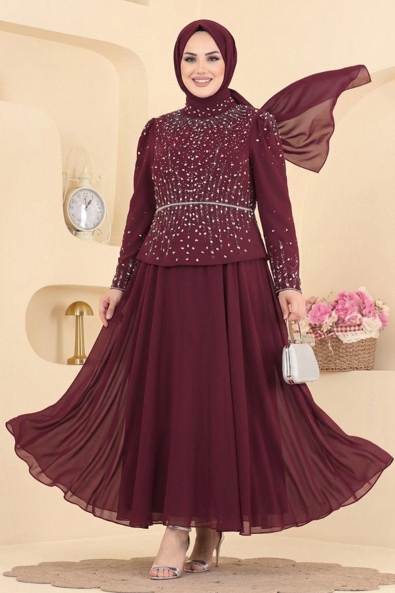 Stone-Detail Chiffon Evening Dress with Crepe - Burgundy