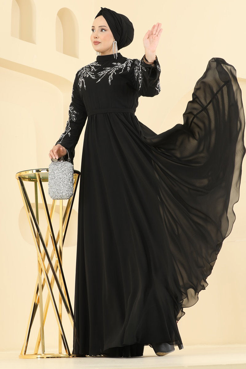 Stone-Trim Chiffon Evening Dress - Black
