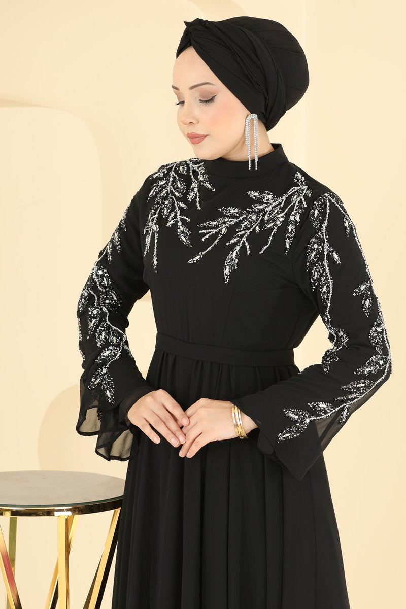 Stone-Trim Chiffon Evening Dress - Black
