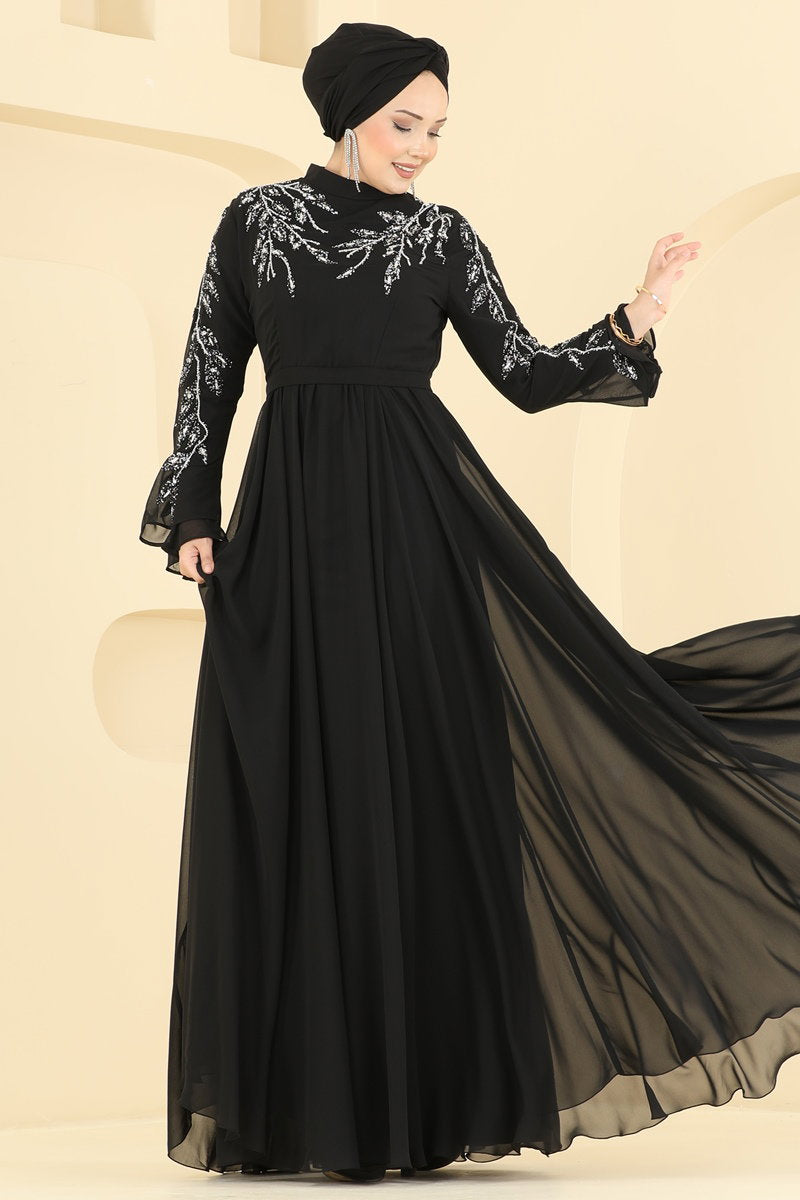 Stone-Trim Chiffon Evening Dress - Black