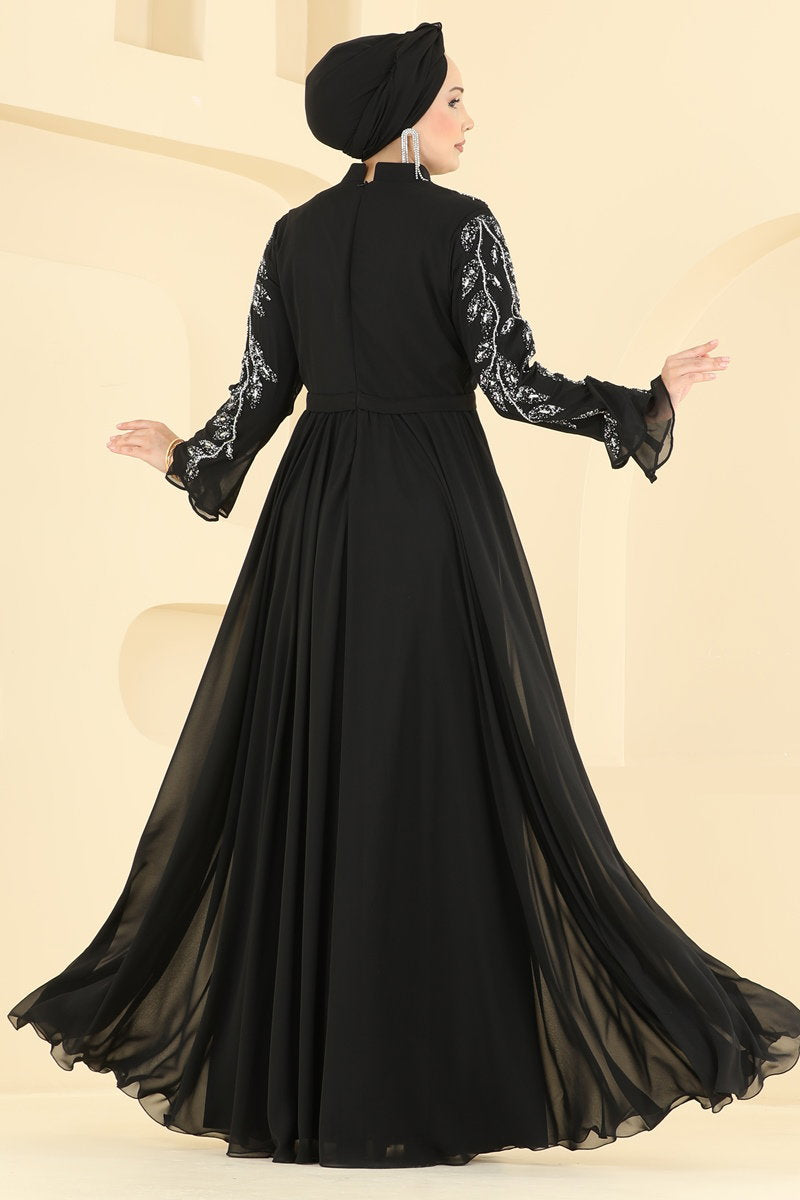 Stone-Trim Chiffon Evening Dress - Black