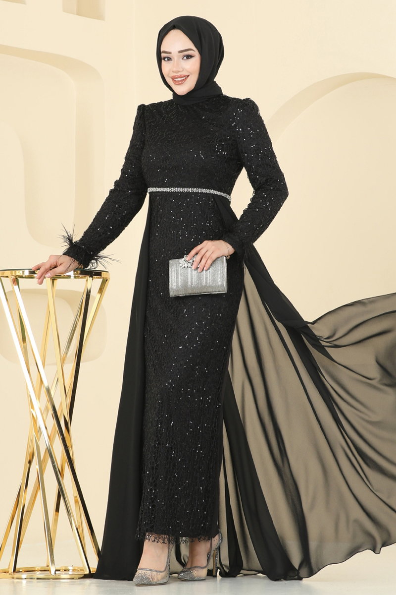 Stone-Trim Chiffon Evening Dress - Black