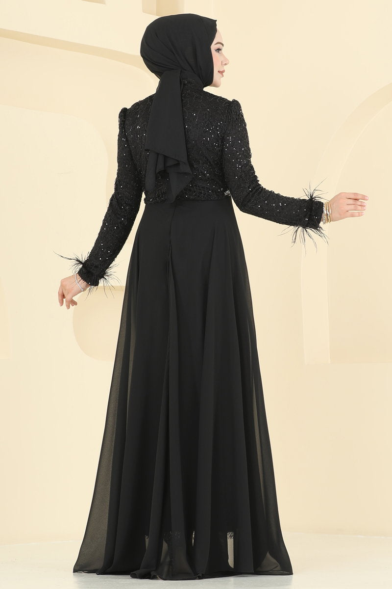 Stone-Trim Chiffon Evening Dress - Black