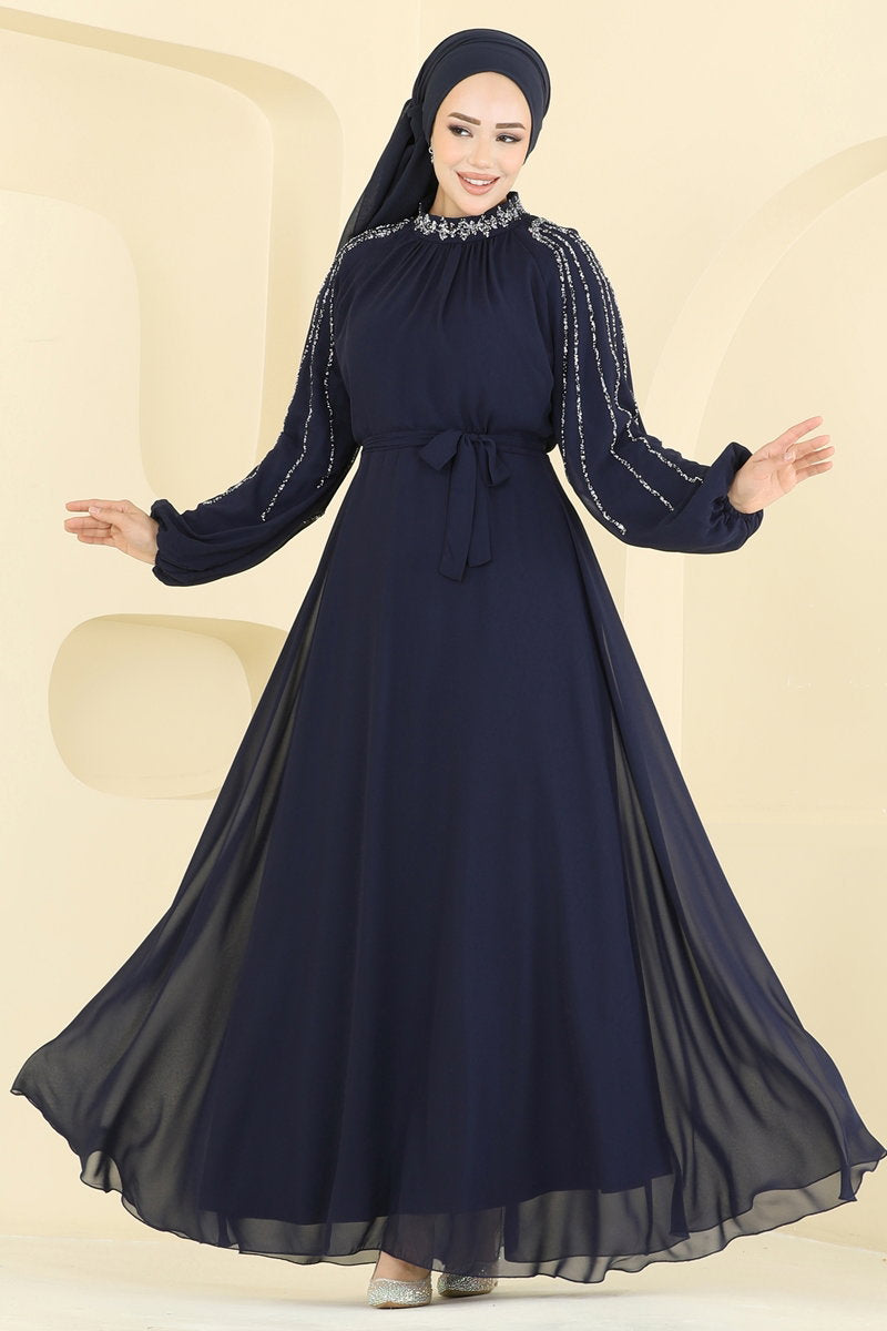 Elegant Stone-Detail Chiffon Evening Gown - Navy
