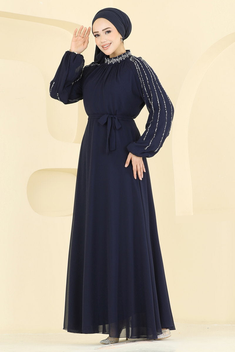 Elegant Stone-Detail Chiffon Evening Gown - Navy