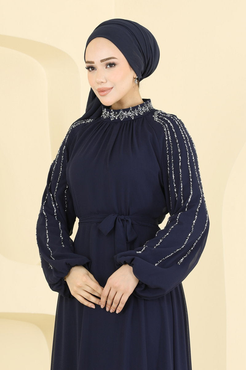 Elegant Stone-Detail Chiffon Evening Gown - Navy