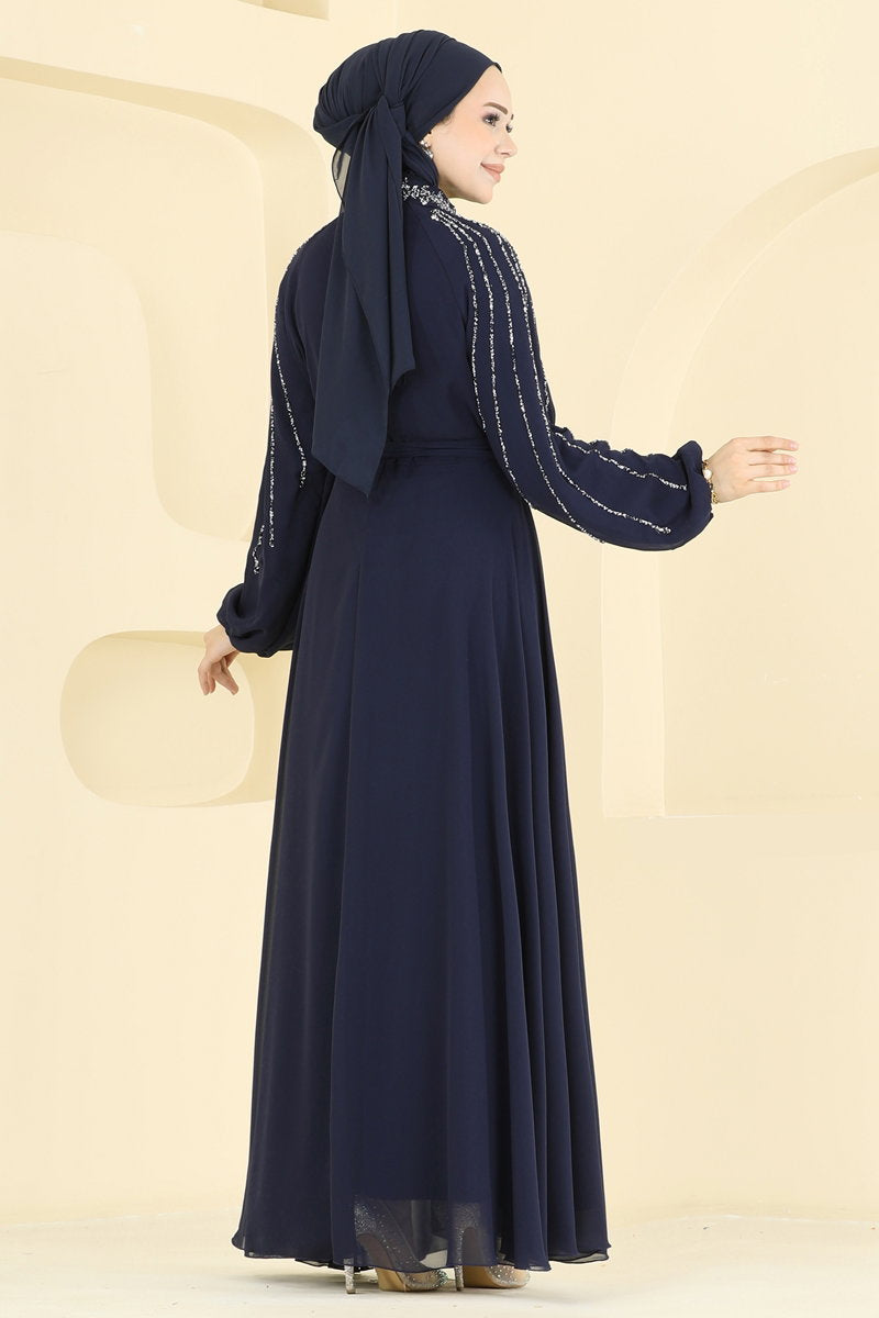 Elegant Stone-Detail Chiffon Evening Gown - Navy
