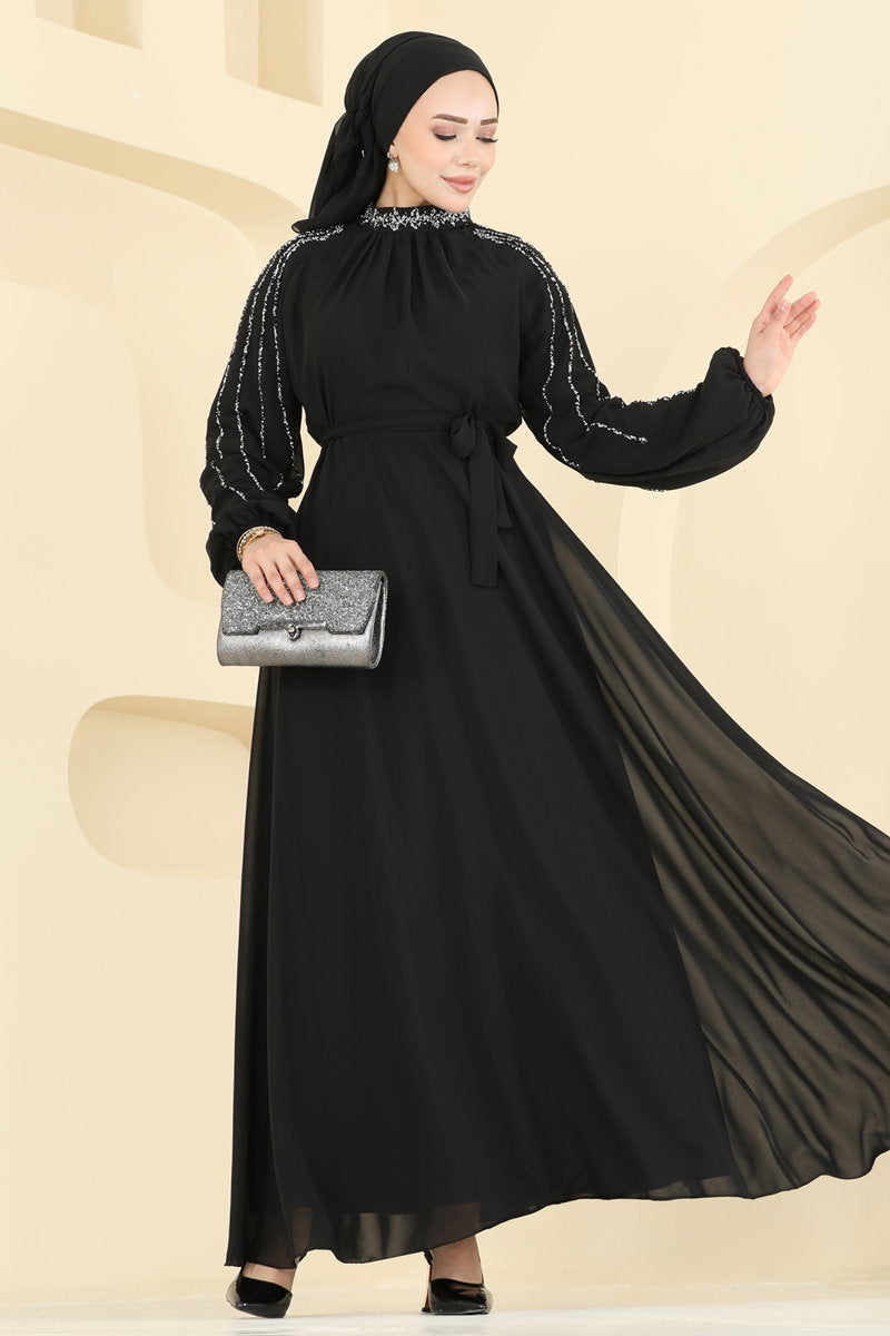 Elegant Stone-Detail Chiffon Evening Gown - Black