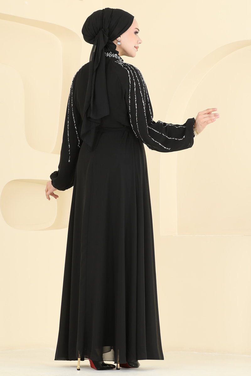 Elegant Stone-Detail Chiffon Evening Gown - Black