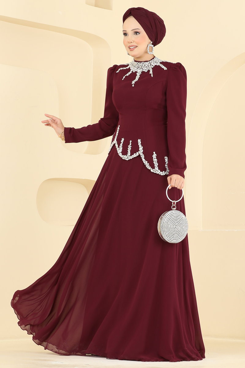 Elegant Stone-Detail Chiffon Evening Dress - Burgundy