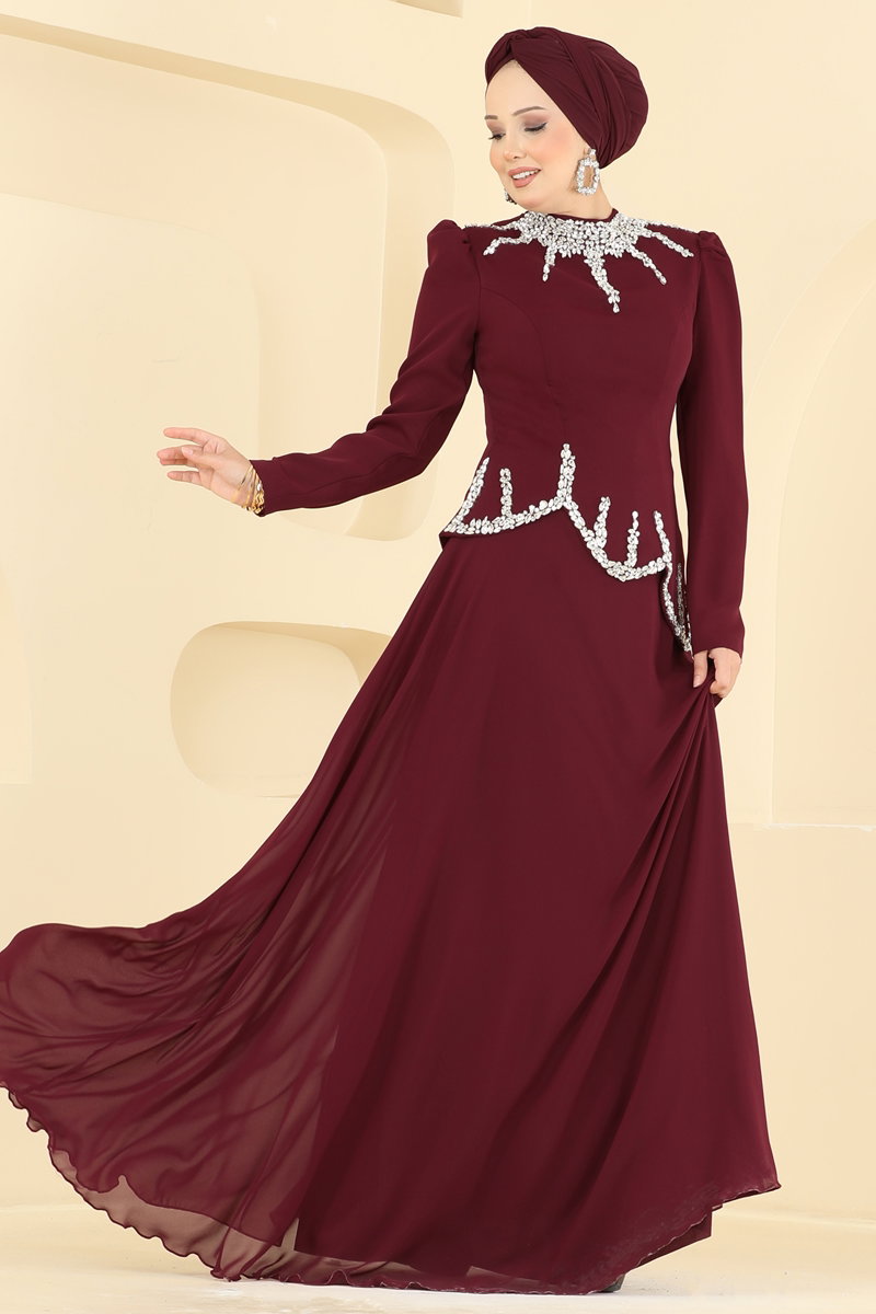 Elegant Stone-Detail Chiffon Evening Dress - Burgundy