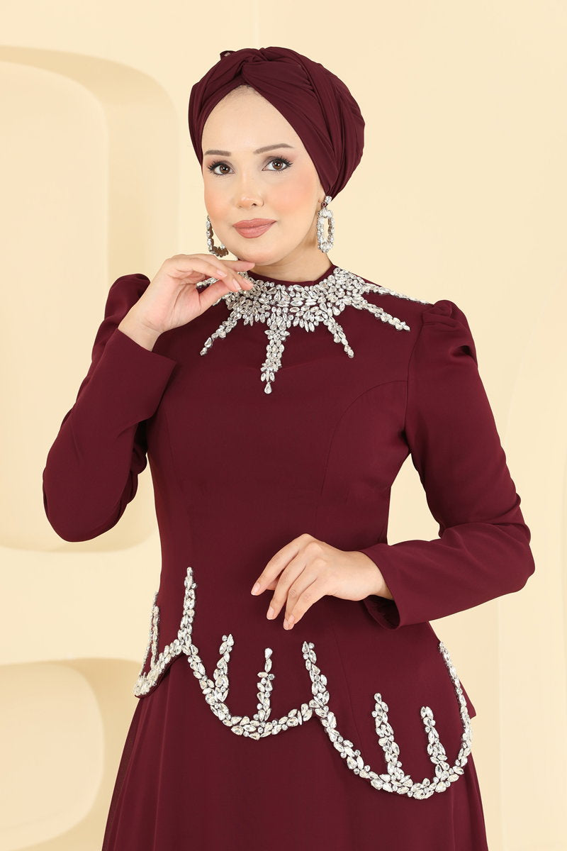 Elegant Stone-Detail Chiffon Evening Dress - Burgundy