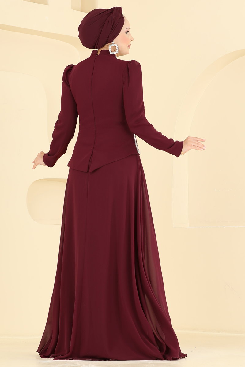 Elegant Stone-Detail Chiffon Evening Dress - Burgundy