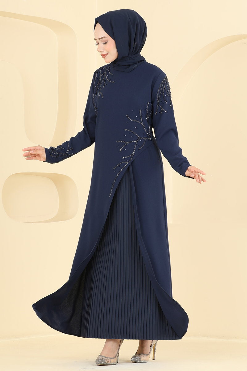 Stone-Embellished Crepe Evening Dress - Navy