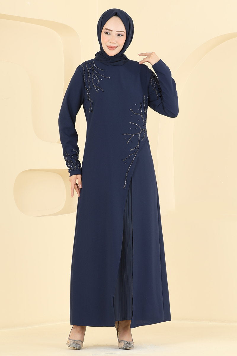 Stone-Embellished Crepe Evening Dress - Navy