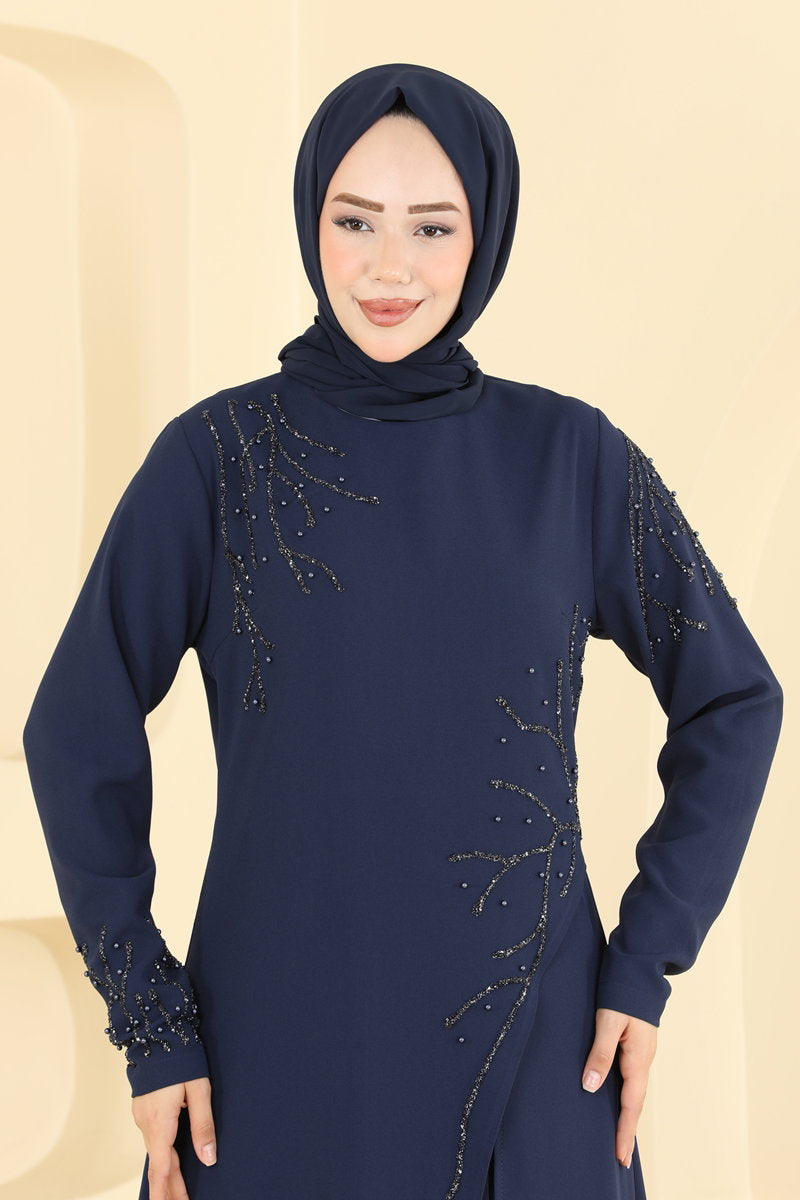 Stone-Embellished Crepe Evening Dress - Navy