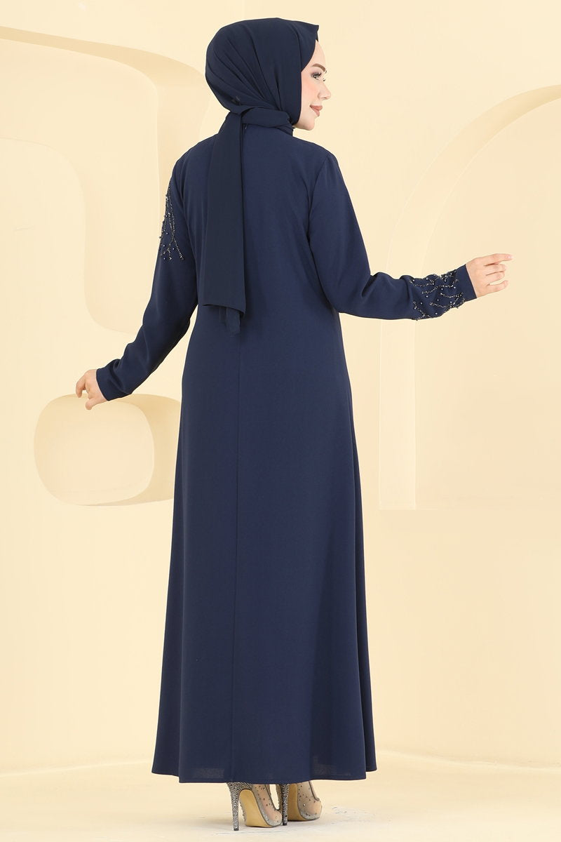 Stone-Embellished Crepe Evening Dress - Navy