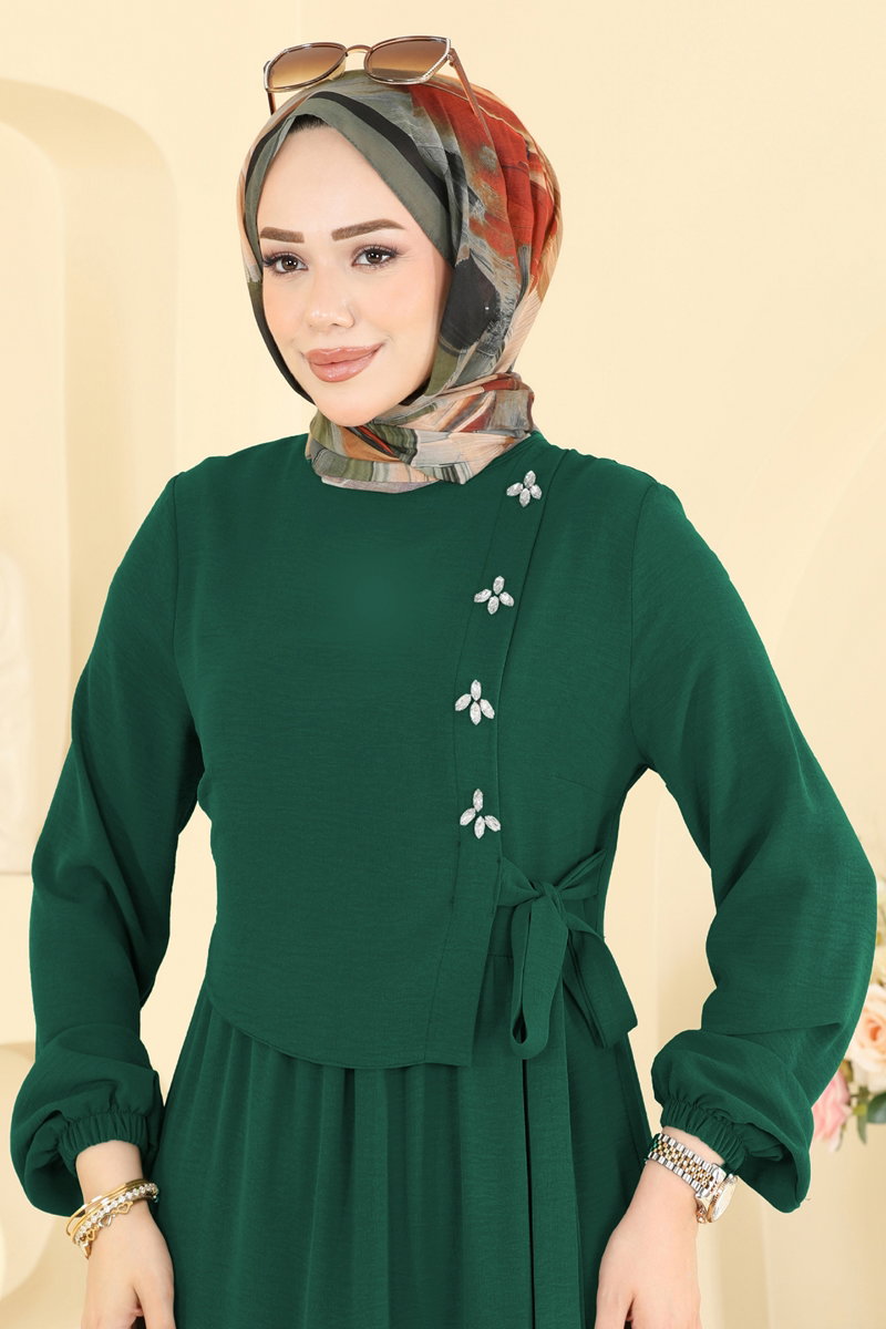 Elegant Stone-Detail Aerobin Dress - Teal